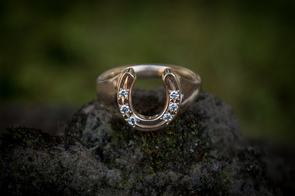 Horse Shoe Ring - 9ct Gold - Solid Shank -  Diamonds