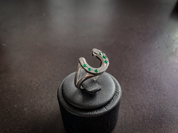 Horse Shoe Ring - Sterling Silver - Split Shank - Emeralds