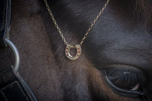 Horse Shoe Pendant - 9ct Gold - Garnets